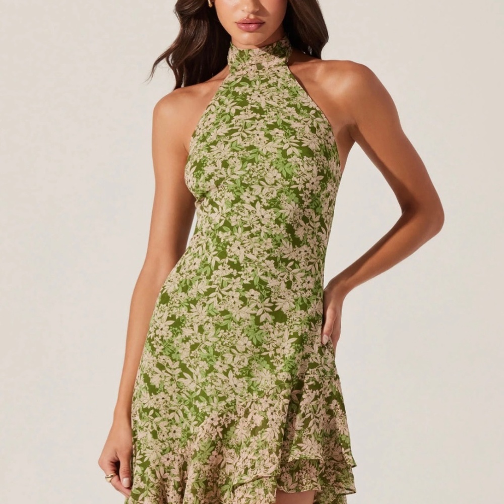 ASTR The Label Asymmetrical Ruffle Hem Halter Dress
